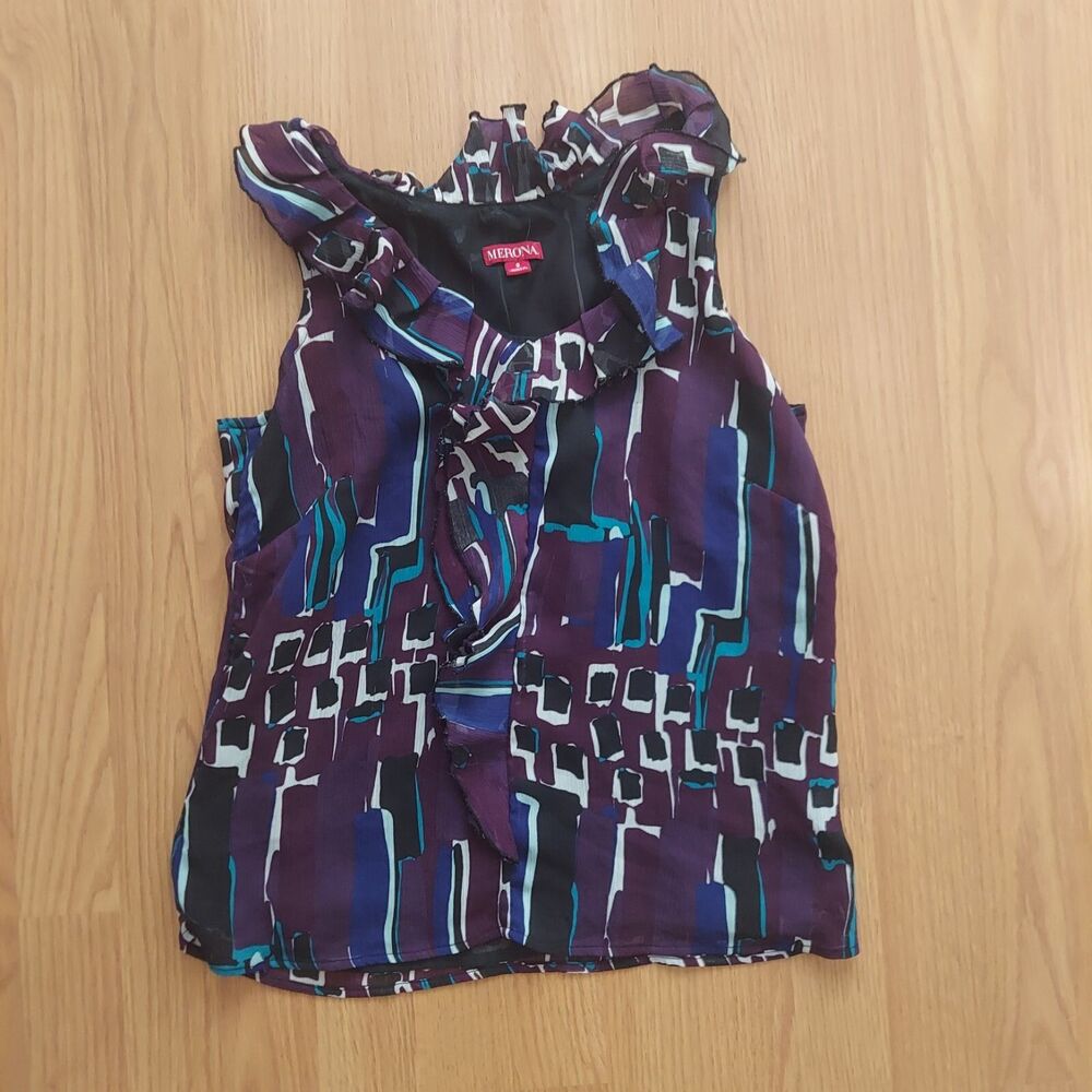 Merona women's sleeveless blouse ruffle v-neck geometric print purple blue small
